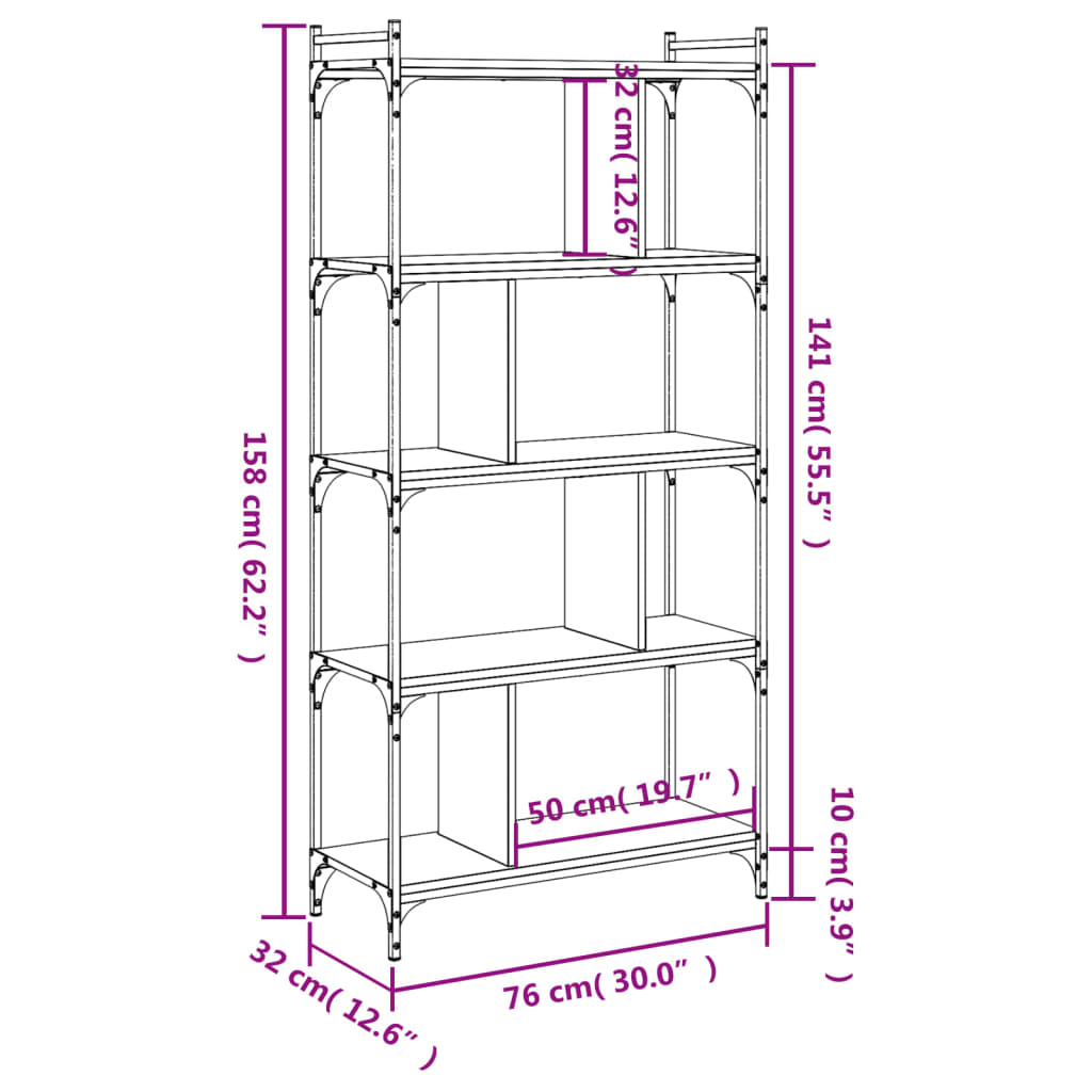 Boekenkast 5-Laags 76X32X158 Cm Bewerkt Hout Zwart