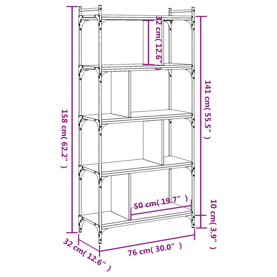 Boekenkast 5-Laags 76X32X158 Cm Bewerkt Hout Sonoma Eikenkleur