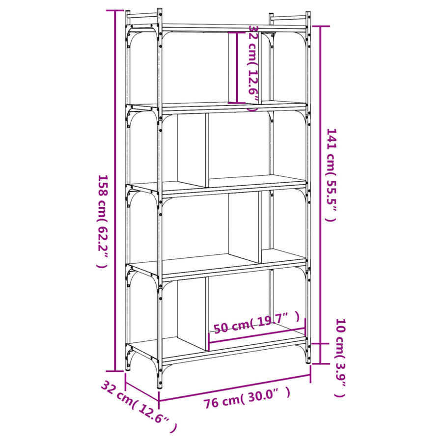 Boekenkast 5-Laags 76X32X158 Cm Bewerkt Hout Gerookt Eikenkleur