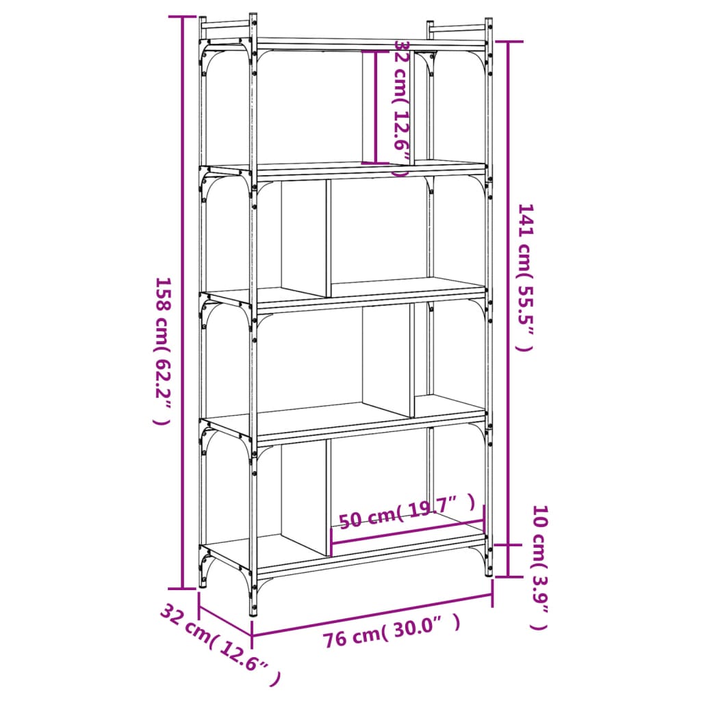 Boekenkast 5-Laags 76X32X158 Cm Bewerkt Hout Grijs Sonoma