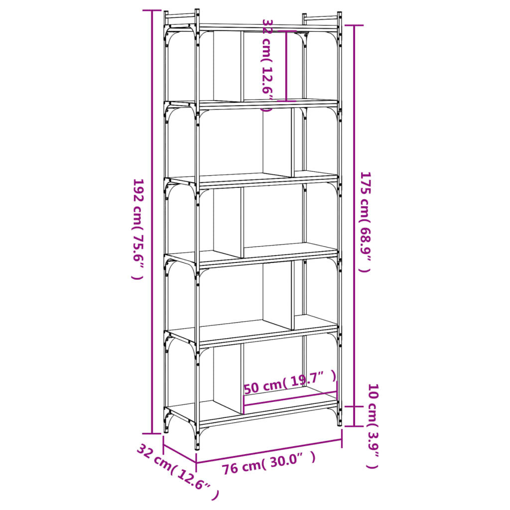 Boekenkast 6-Laags 76X32X192 Cm Bewerkt Hout Gerookt Eikenkleur