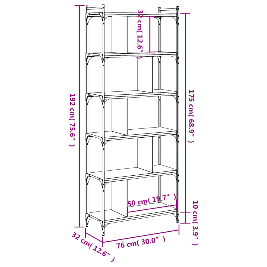 Boekenkast 6-Laags 76X32X192 Cm Bewerkt Hout Grijs Sonoma