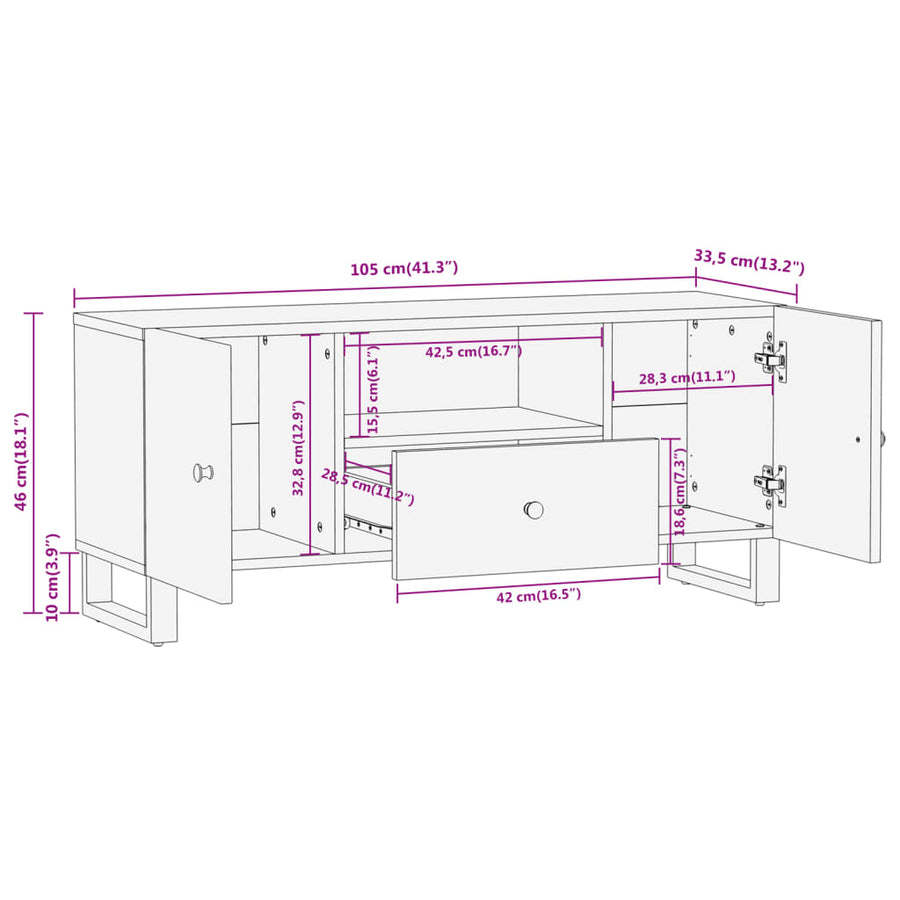 Tv-meubel 105x33,5x46 cm massief mangohout bruin en zwart