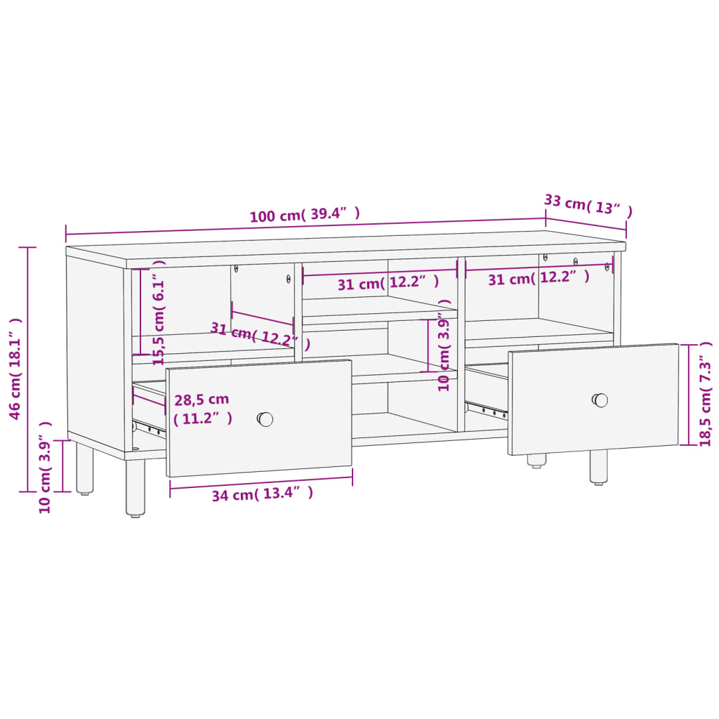 Tv-meubel 100x33x46 cm massief mangohout zwart