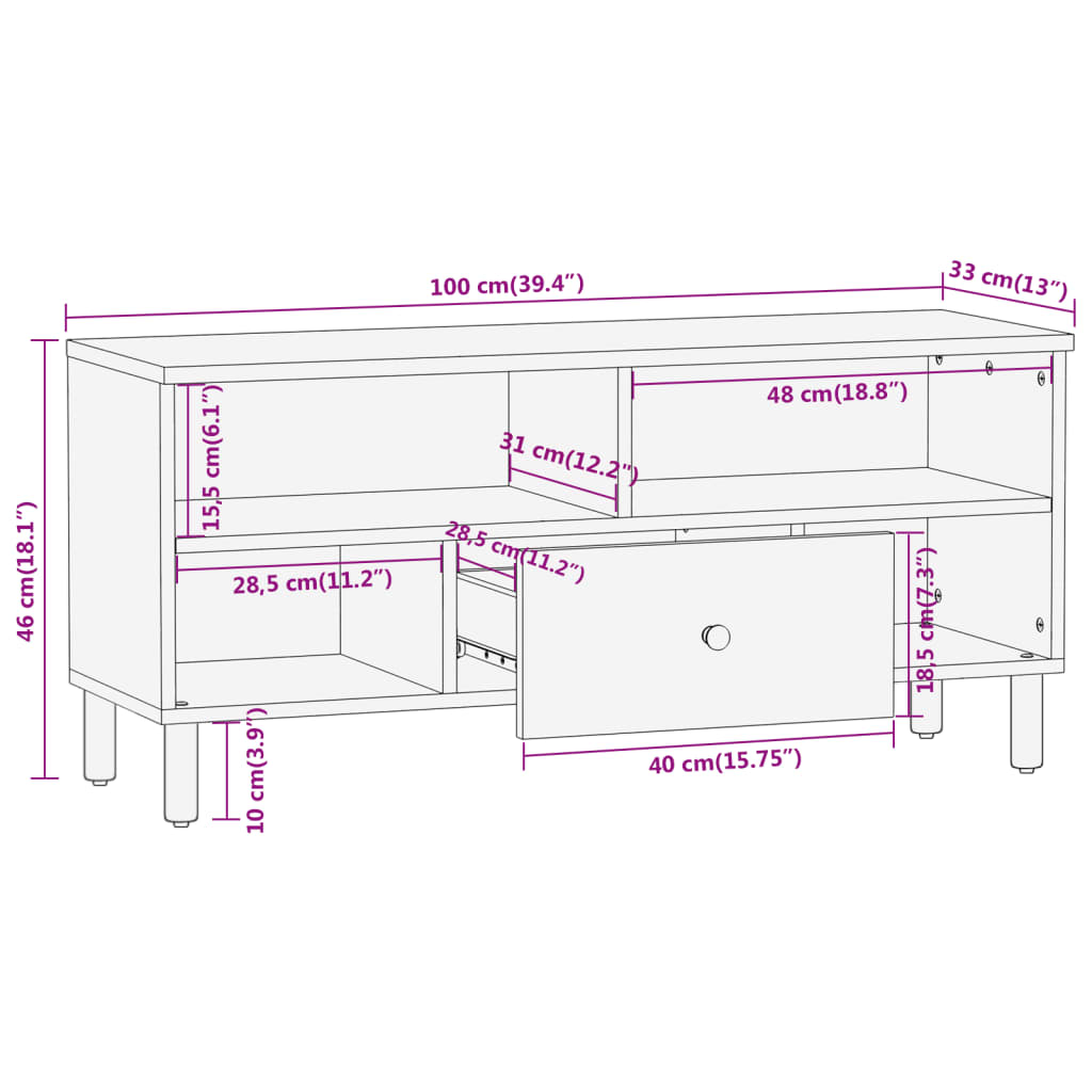 Tv-meubel 100x33x46 cm massief mangohout Naturel massief mangohout