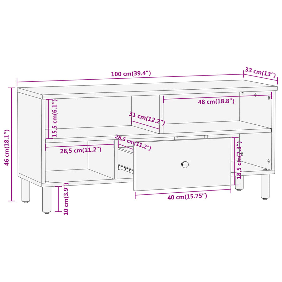 Tv-meubel 100x33x46 cm massief mangohout Naturel massief mangohout
