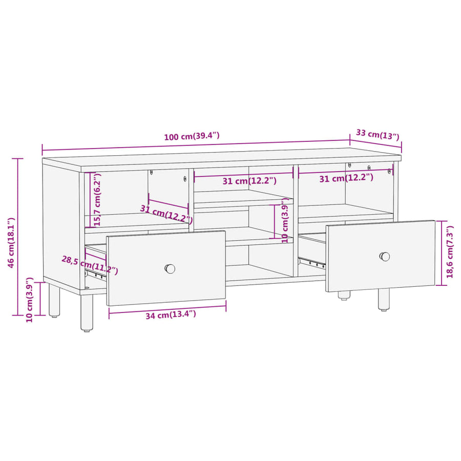 Tv-meubel 100x33x46 cm massief mangohout Naturel massief mangohout
