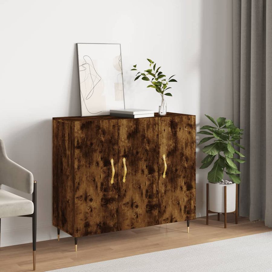 Dressoir 90X34X80 Cm Bewerkt Hout Gerookt Eikenkleurig