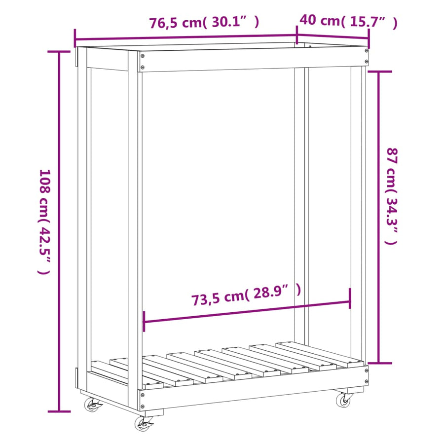 Houtblokhouder Met Wielen 76,5X40X108 Cm Massief Grenenhout Bruin