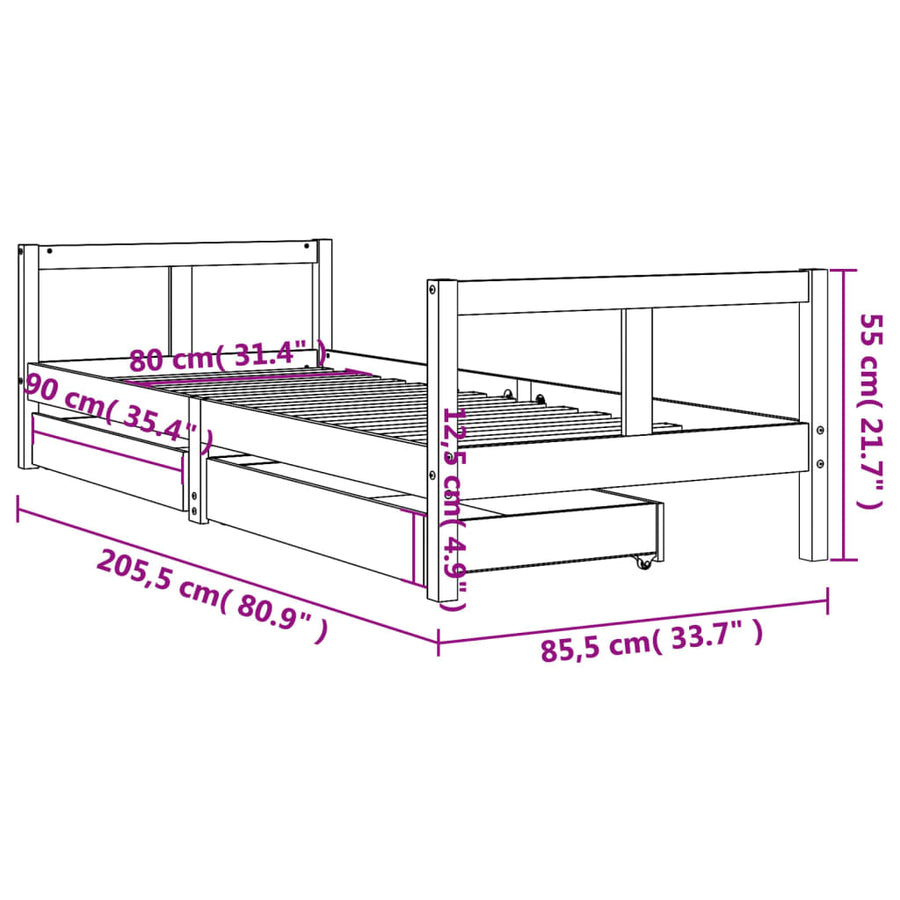 Kinderbedframe Met Lades 80X200 Cm Massief Grenenhout