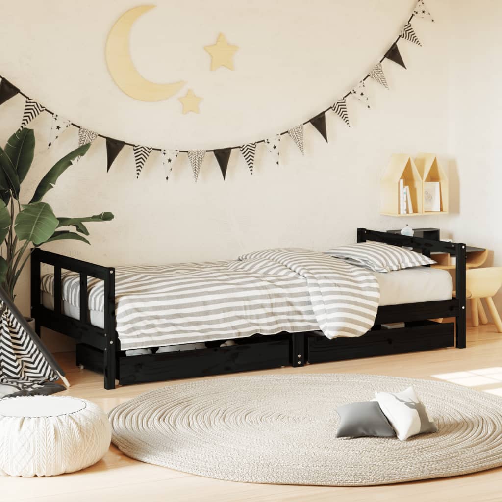 Kinderbedframe Met Lades 90X200 Cm Massief Grenenhout Zwart