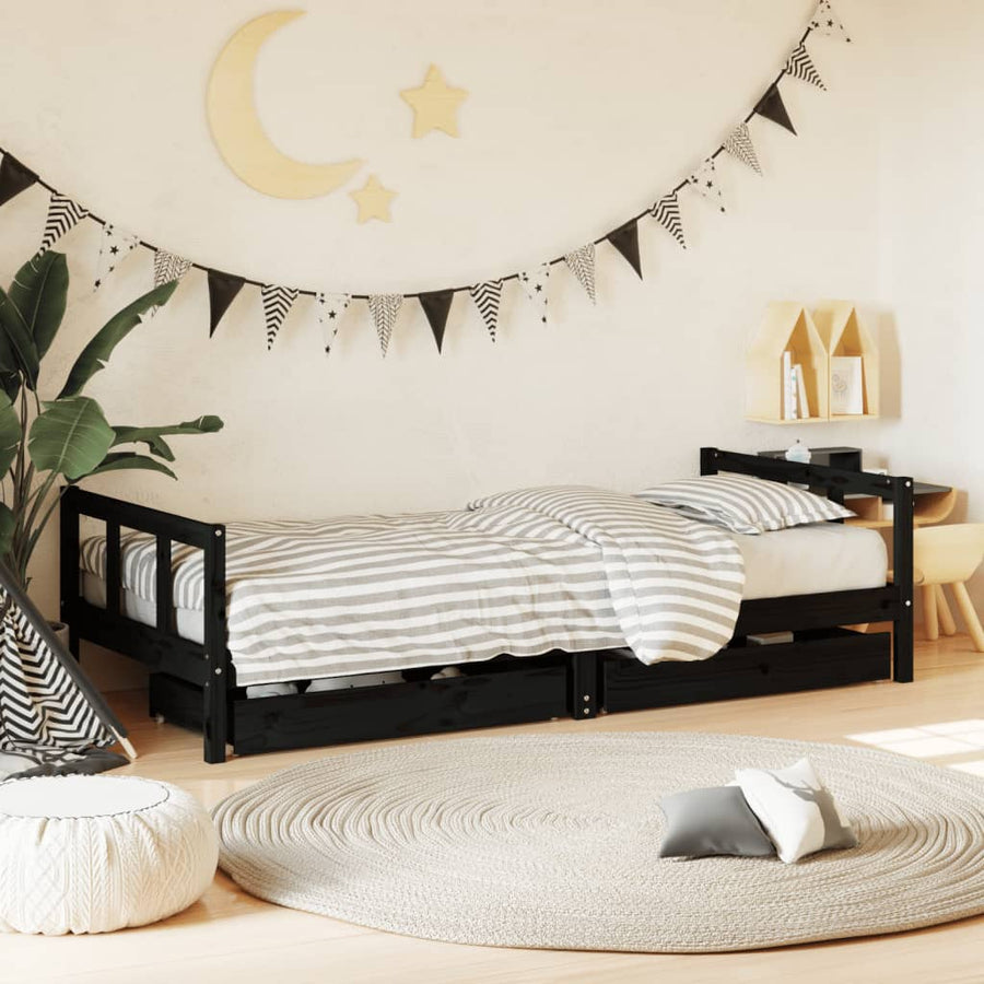 Kinderbedframe Met Lades 90X200 Cm Massief Grenenhout Zwart