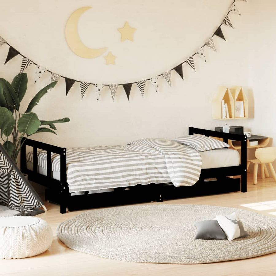 Kinderbedframe Met Lades 90X190 Cm Massief Grenenhout Zwart