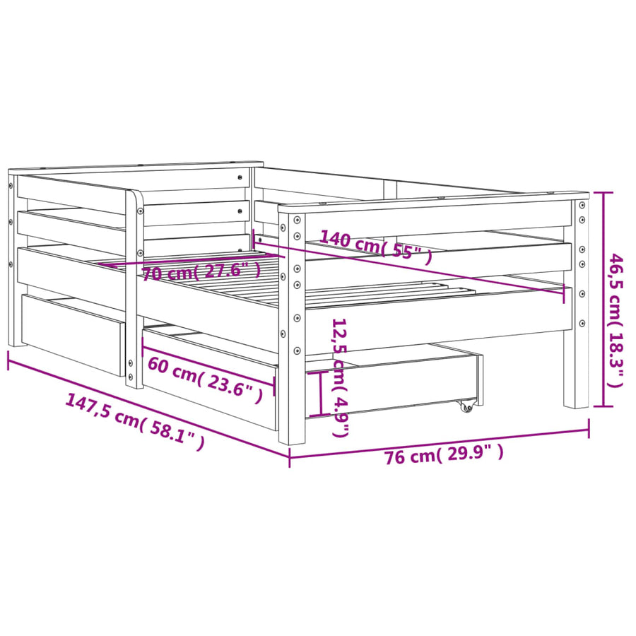 Kinderbedframe Met Lades Massief Grenenhout 70 x 140 cm Naturel