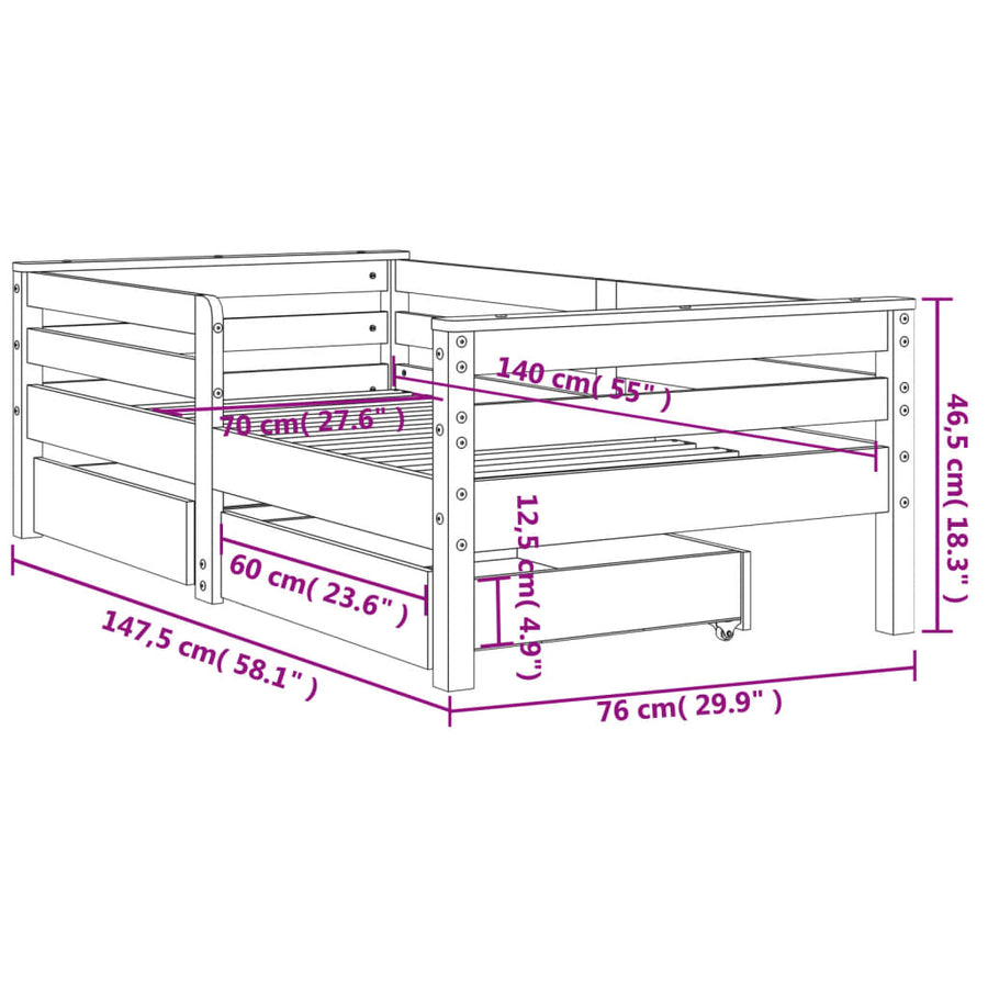 Kinderbedframe Met Lades 70X140 Cm Massief Grenenhout Wit