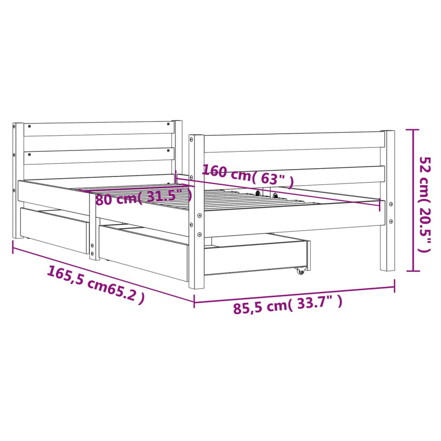 Kinderbedframe Met Lades Massief Grenenhout 80 x 160 cm Naturel