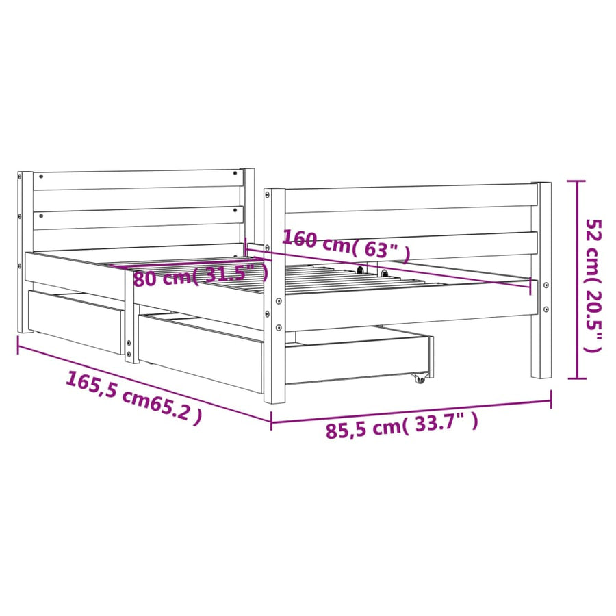 Kinderbedframe Met Lades 80X160 Cm Massief Grenenhout Wit