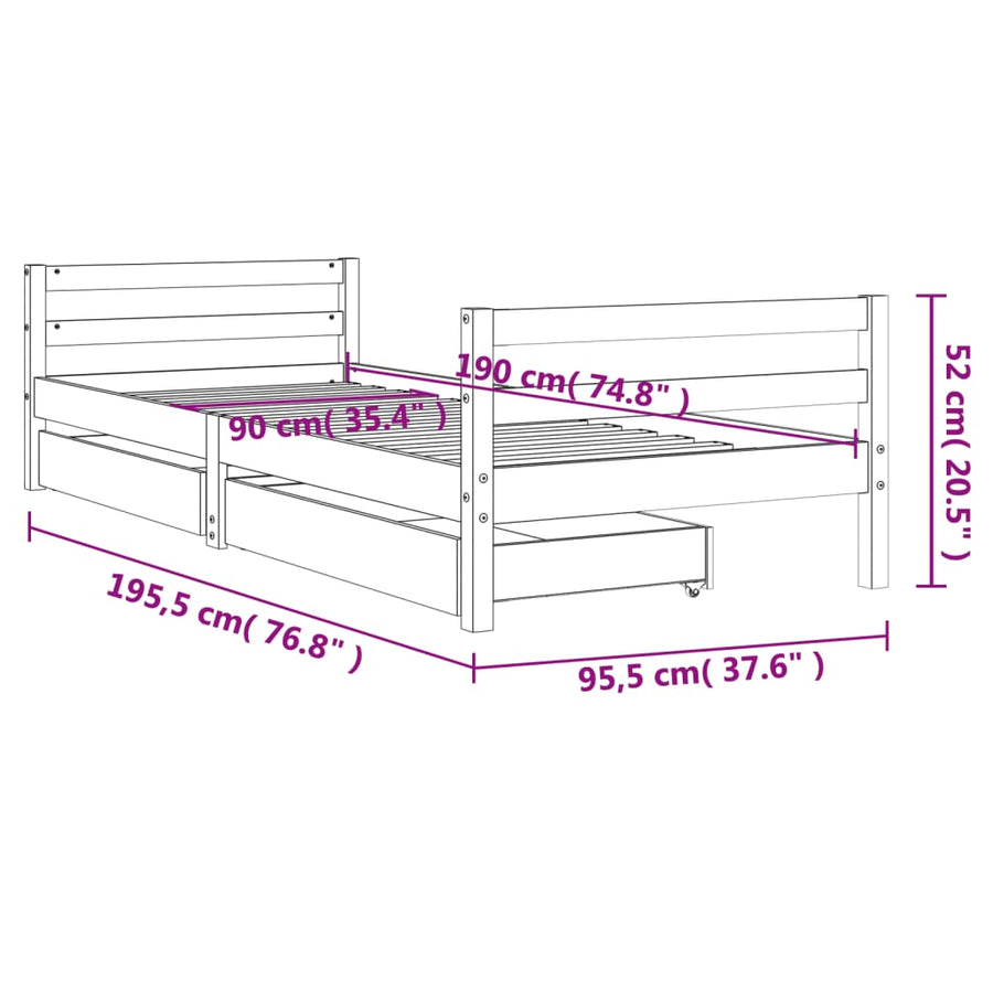 Kinderbedframe Met Lades 90X190 Cm Massief Grenenhout Wit