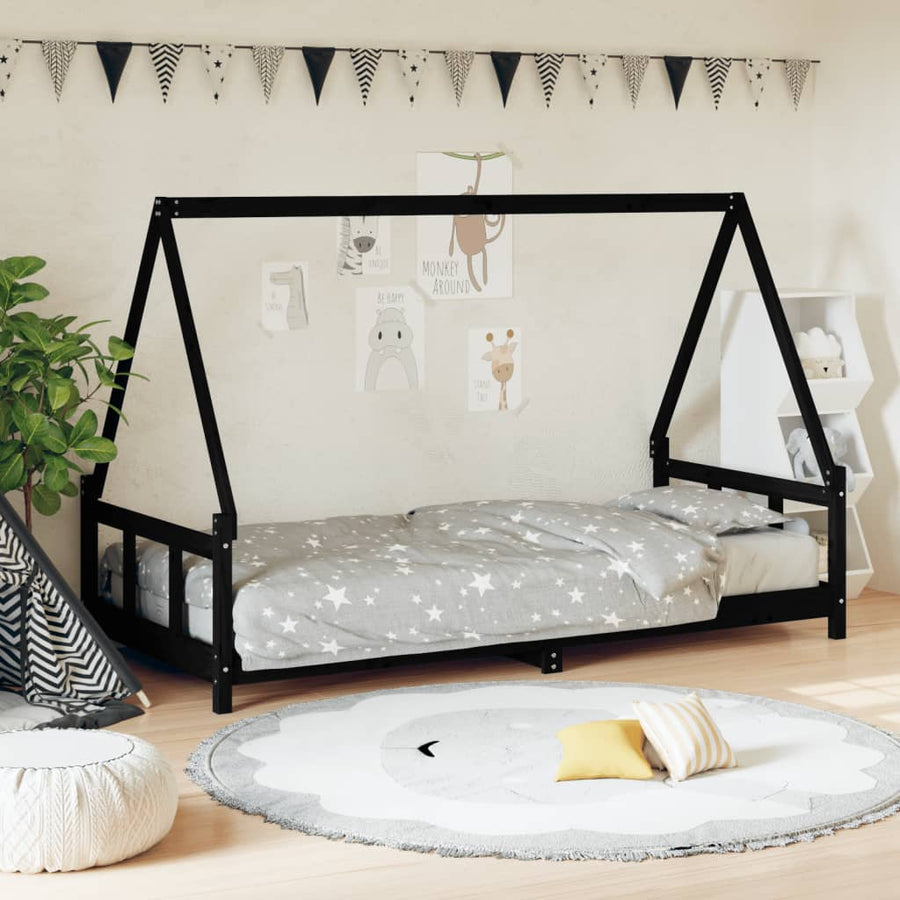 Kinderbedframe 90X190 Cm Massief Grenenhout Zwart