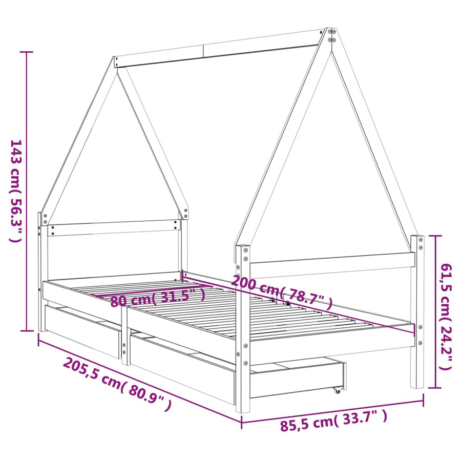 Kinderbedframe Met Lades 80X200 Cm Massief Grenenhout
