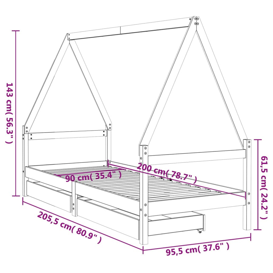 Kinderbedframe Massief Grenenhout 90 x 200 cm Naturel