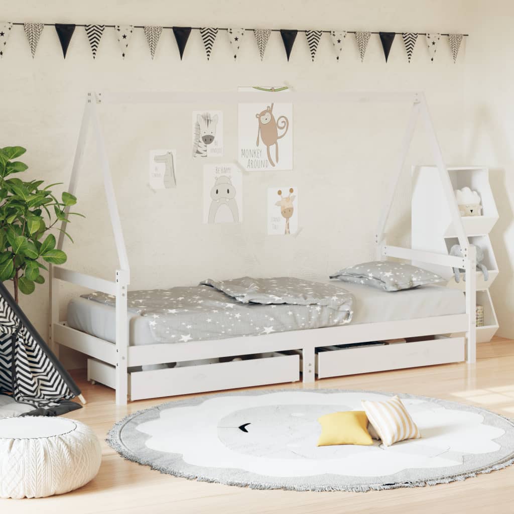Kinderbedframe Met Lades 90X200 Cm Massief Grenenhout Wit