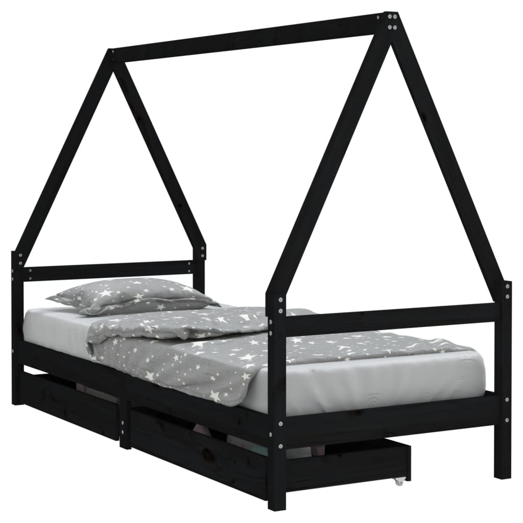 Kinderbedframe Met Lades 90X200 Cm Massief Grenenhout Zwart