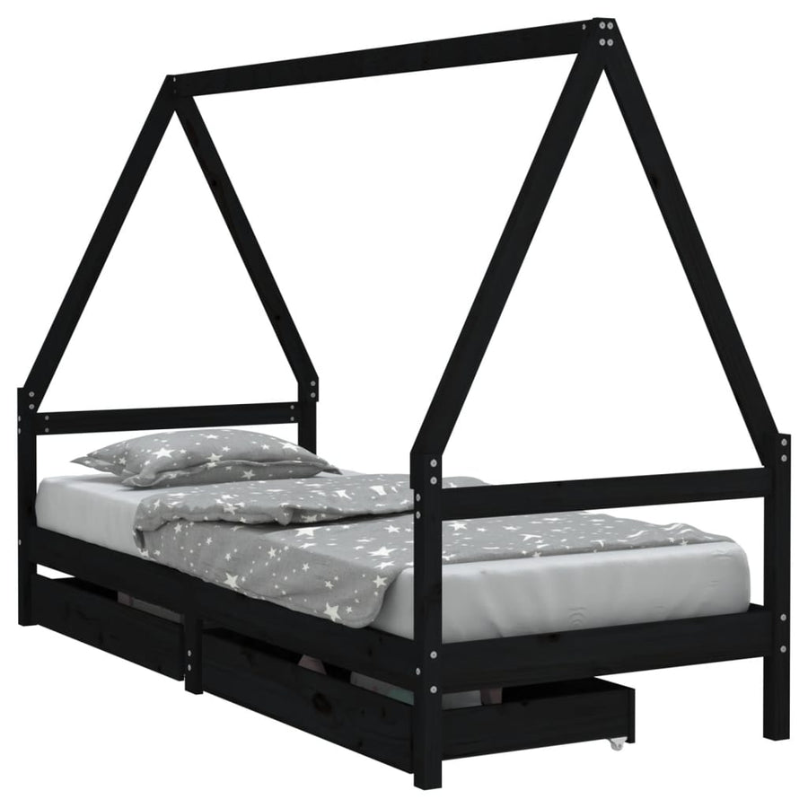 Kinderbedframe Met Lades 90X200 Cm Massief Grenenhout Zwart