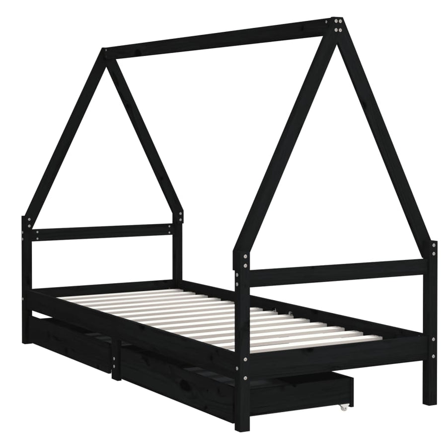 Kinderbedframe Met Lades 90X200 Cm Massief Grenenhout Zwart