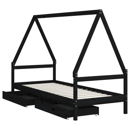 Kinderbedframe Met Lades 90X200 Cm Massief Grenenhout Zwart