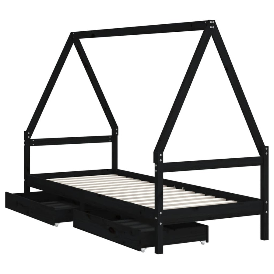 Kinderbedframe Met Lades 90X200 Cm Massief Grenenhout Zwart
