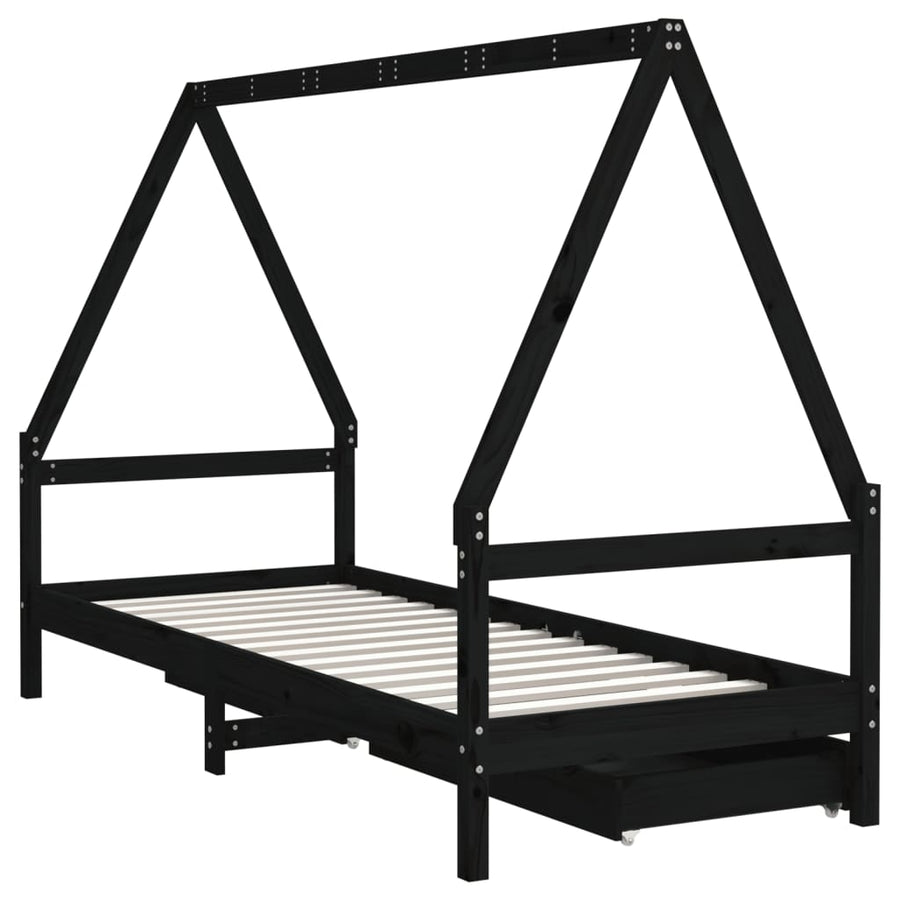 Kinderbedframe Met Lades 90X200 Cm Massief Grenenhout Zwart