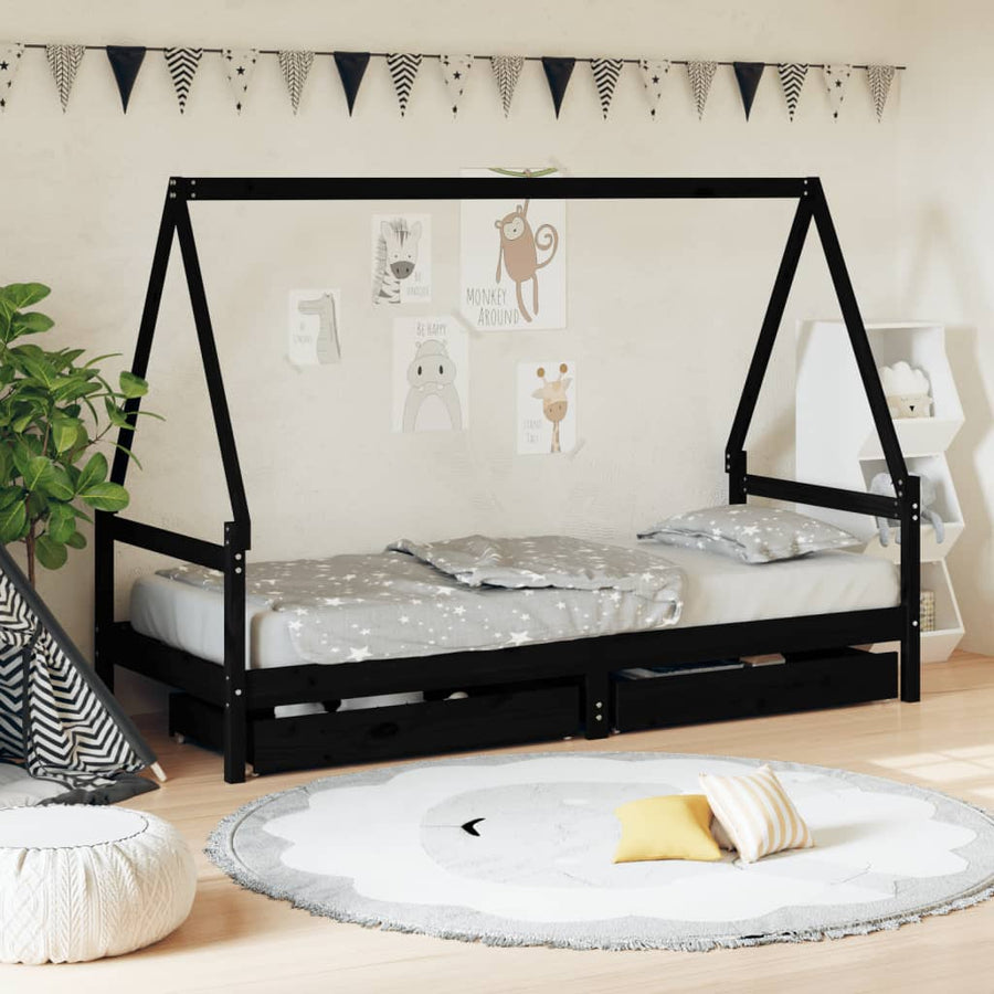 Kinderbedframe Met Lades 90X200 Cm Massief Grenenhout Zwart