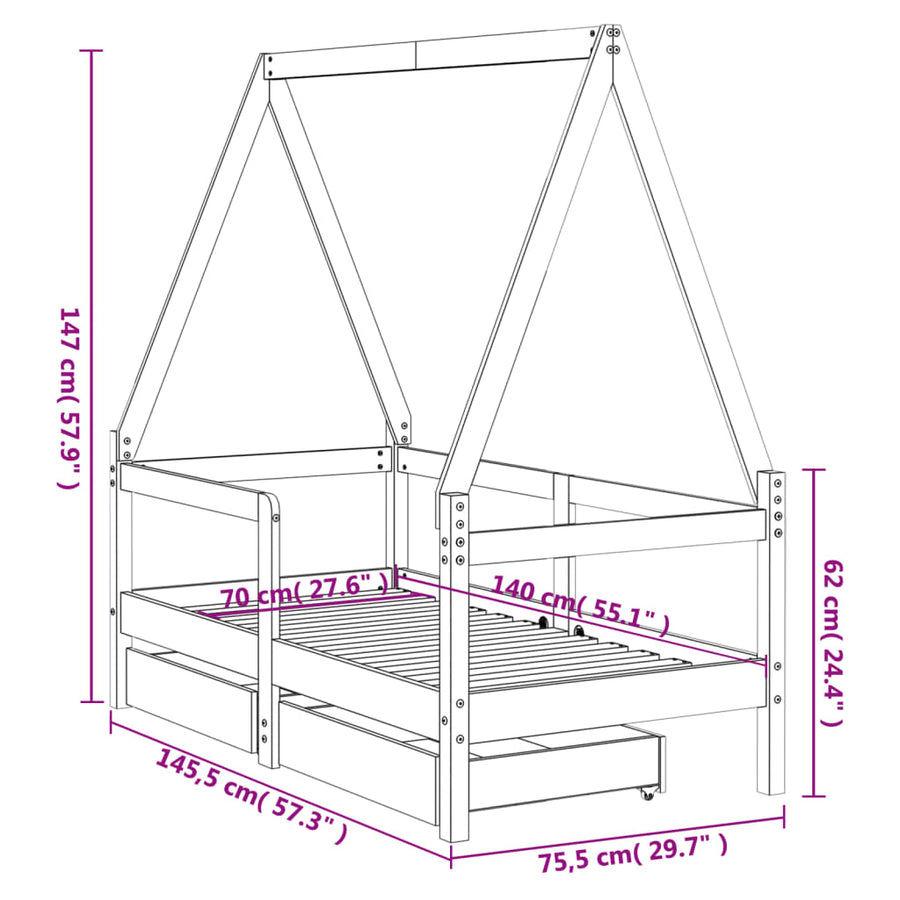 Kinderbedframe Met Lades 70X140 Cm Massief Grenenhout