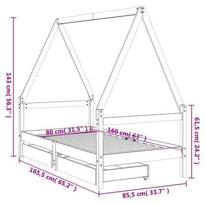 Kinderbedframe Met Lades Massief Grenenhout 80 x 160 cm Naturel