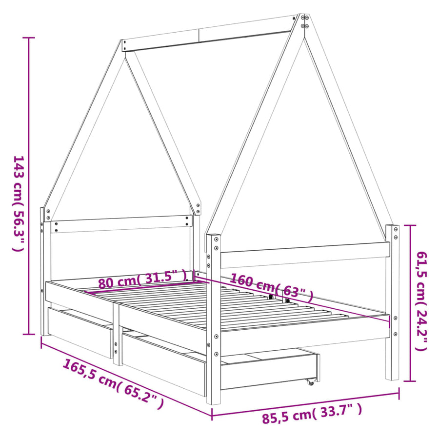 Kinderbedframe Met Lades Massief Grenenhout 80 x 160 cm Naturel