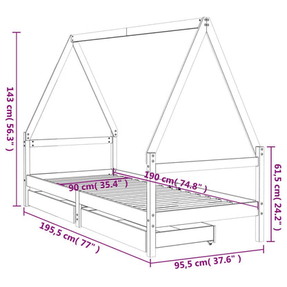Kinderbedframe Met Lades 90X190 Cm Massief Grenenhout