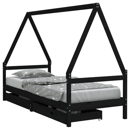 Kinderbedframe Met Lades 90X190 Cm Massief Grenenhout Zwart