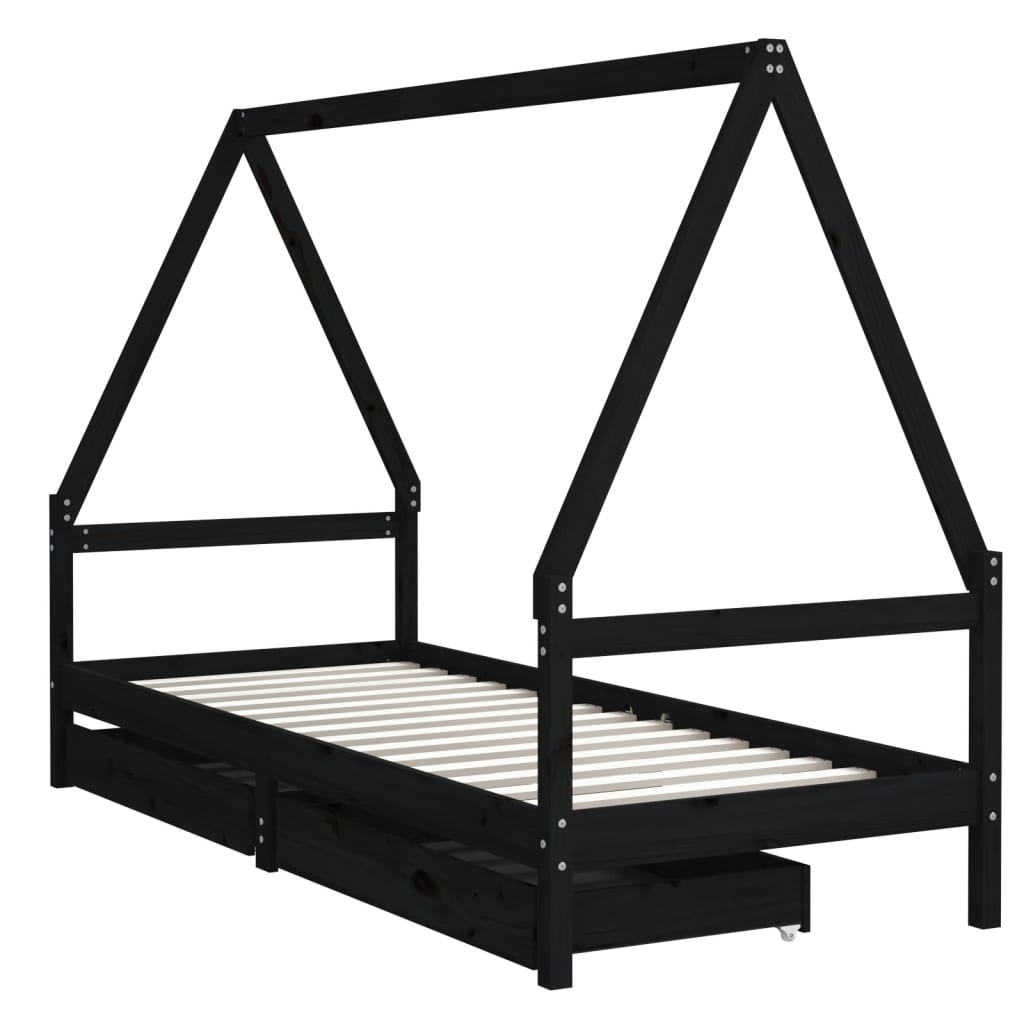 Kinderbedframe Met Lades 90X190 Cm Massief Grenenhout Zwart