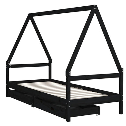 Kinderbedframe Met Lades 90X190 Cm Massief Grenenhout Zwart