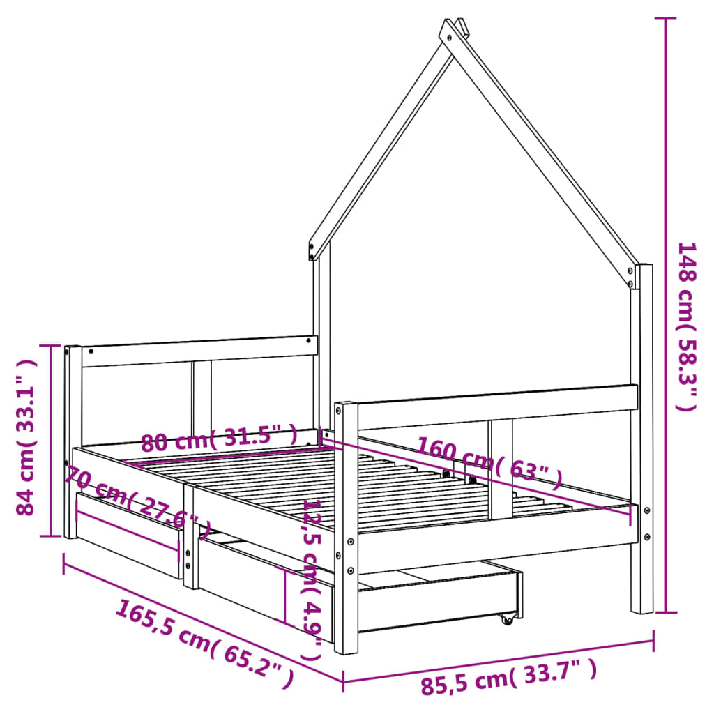 Kinderbedframe Met Lades 80X160 Cm Massief Grenenhout