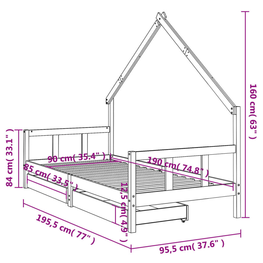 Kinderbedframe Met Lades Massief Grenenhout 90 x 190 cm Wit