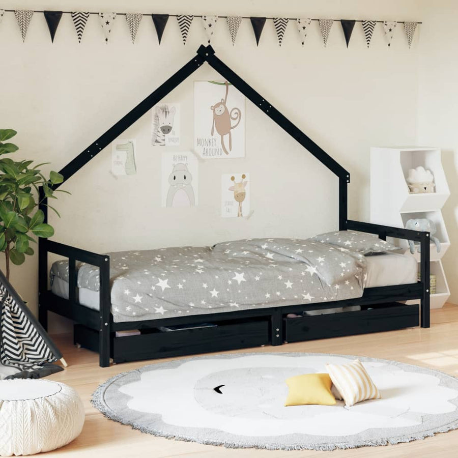 Kinderbedframe 80X200 Cm Massief Grenenhout Zwart