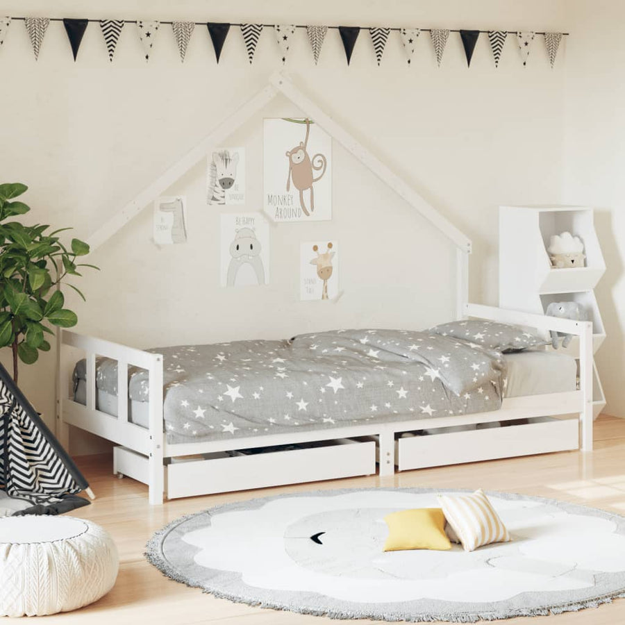 Kinderbedframe Met Lades 90X200 Cm Massief Grenenhout Wit