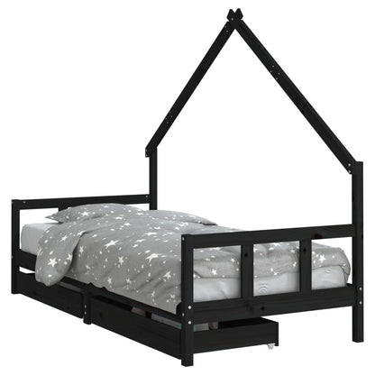 Kinderbedframe Met Lades 90X200 Cm Massief Grenenhout Zwart