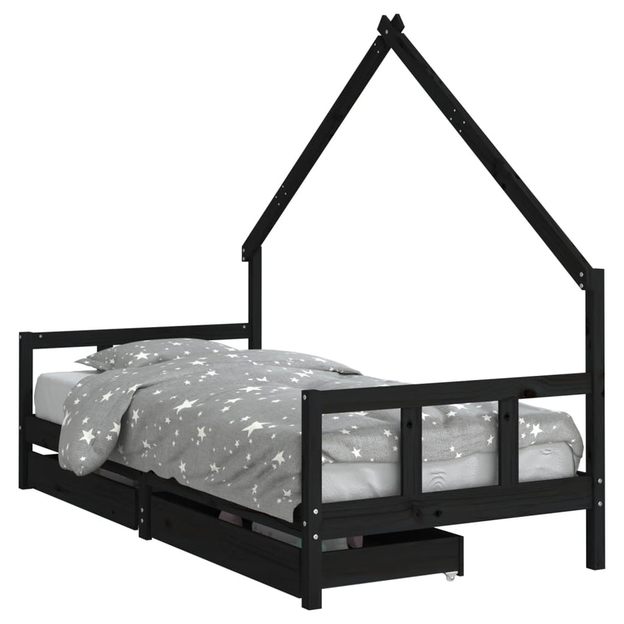Kinderbedframe Met Lades 90X200 Cm Massief Grenenhout Zwart