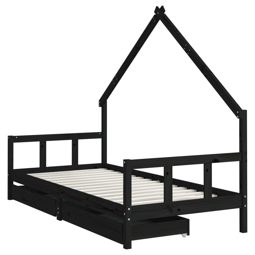 Kinderbedframe Met Lades 90X200 Cm Massief Grenenhout Zwart