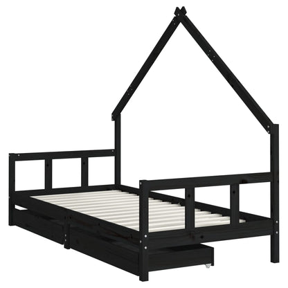 Kinderbedframe Met Lades 90X200 Cm Massief Grenenhout Zwart