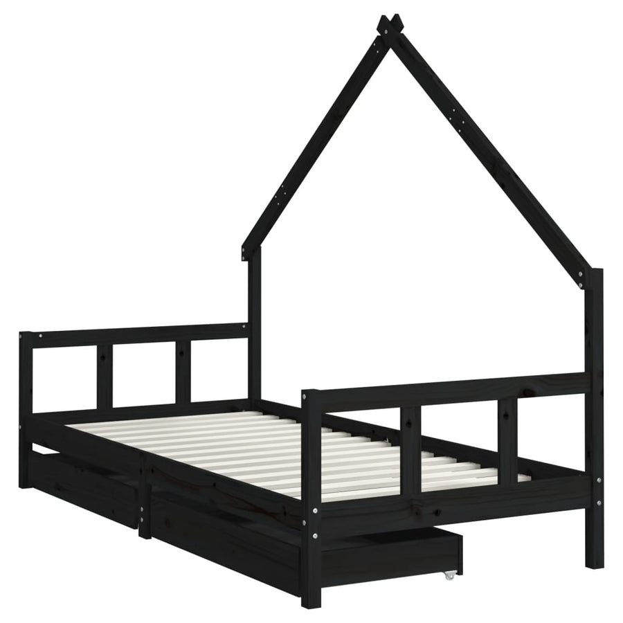 Kinderbedframe Met Lades 90X200 Cm Massief Grenenhout Zwart