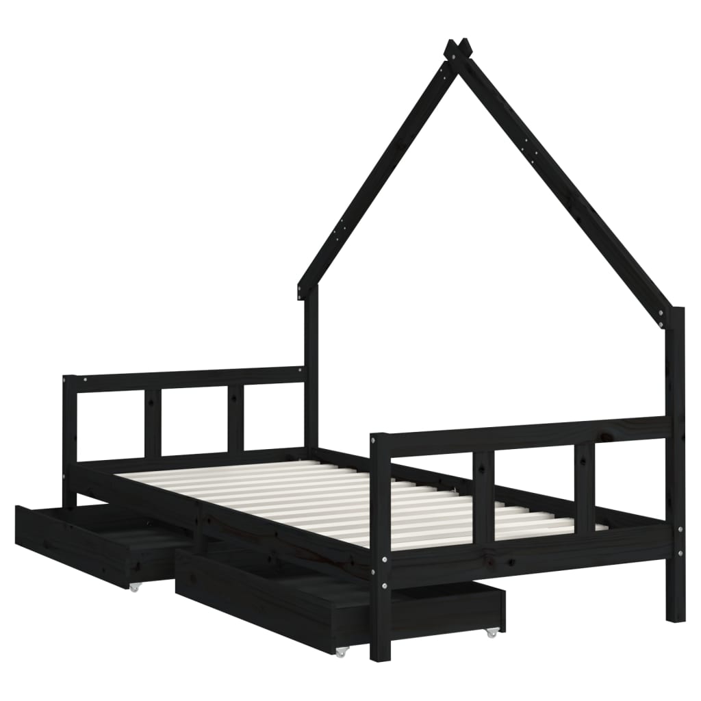 Kinderbedframe Met Lades 90X200 Cm Massief Grenenhout Zwart